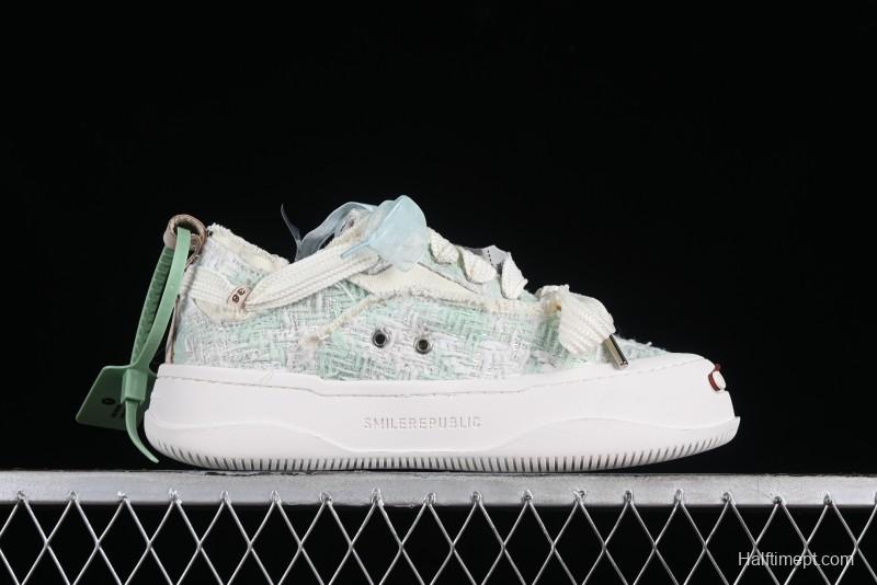 SMILEREPUBLIC Mint Manbo Light Blue Checkered Open Smile Platform Canvas Shoes - G.D4