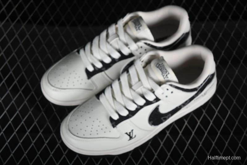 Nike SB Dunk Low LV Collaboration - Beige Black Denim Floral Anniversary High-End Custom Low-Top Casual Skate Shoes - XB3802-358