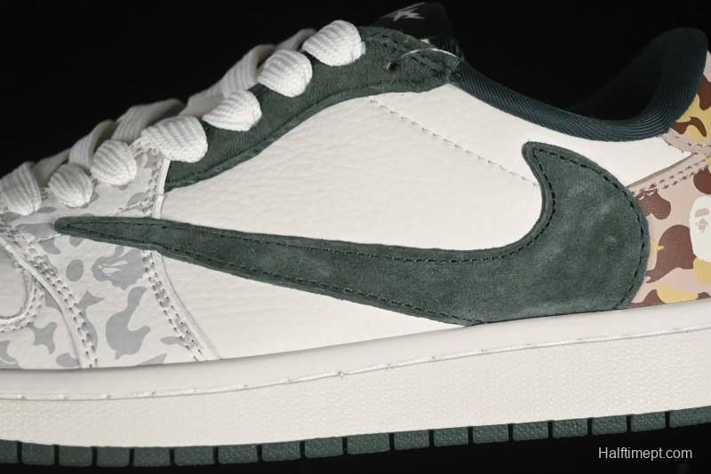 Nike Travis Scott x Fragment Design x Air Jordan 1 Low OG SP AJ1 Bape Collaboration - Camo Green Low Top Casual Sneakers - JH6088-614