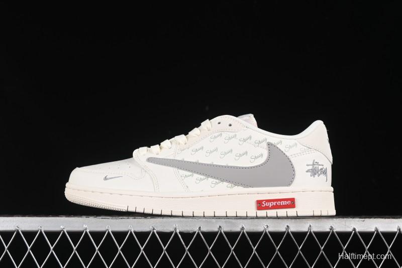 Nike Travis Scott x Fragment Design x Air Jordan 1 Low OG SP AJ1 Retro Sneakers with Reverse Swoosh - SJ2068-115