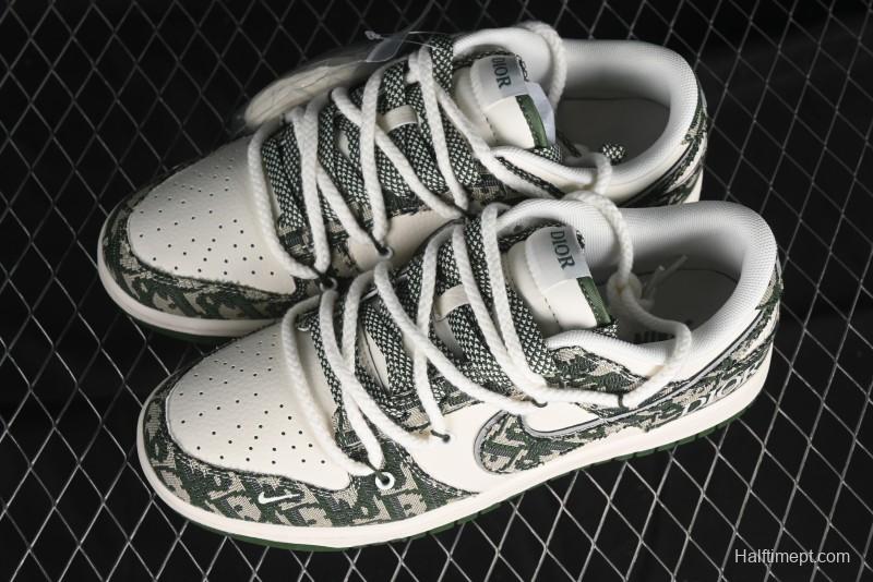 Nike SB Dunk Low Dior Collaboration - Strap Woven Green Check Anniversary High-End Custom Low-Top Casual Skate Shoes - SJ2068-309