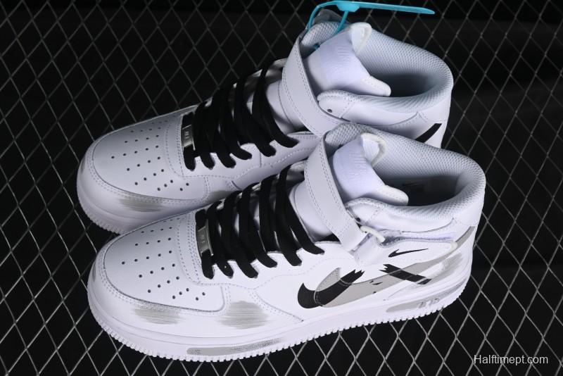 Nike Air Force 1 '07 Mid Casual Sneakers in White/Grey/Black with Hand-Painted Cracked Swoosh Shadow Detail - CW2289-111