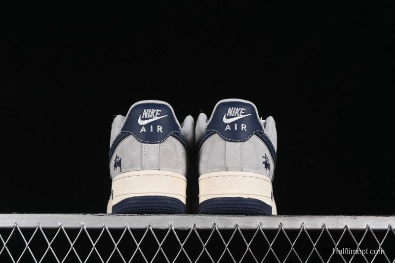 Nike Air Force 1 '07 Low Stussy Collaboration - Grey Pigskin Blue Sole Low-Top Casual Sneakers - SJ6698-005