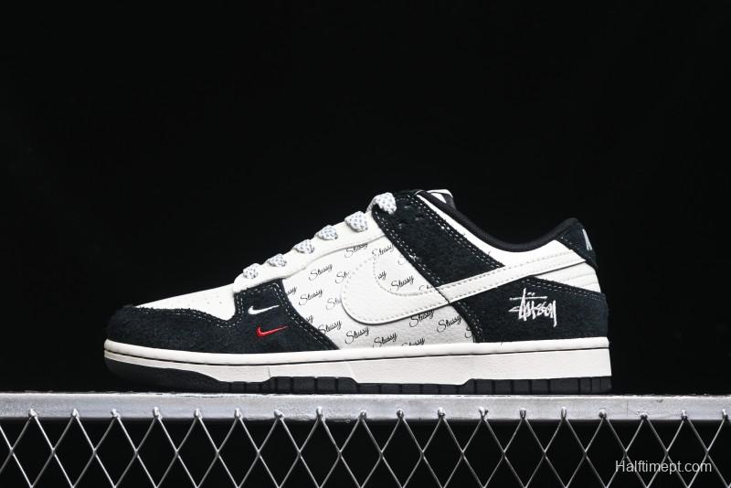 Nike SB Dunk Low Stussy Collaboration - Black White Mini Swoosh Anniversary Custom Low-Top Casual Skate Shoes - XY1688-017