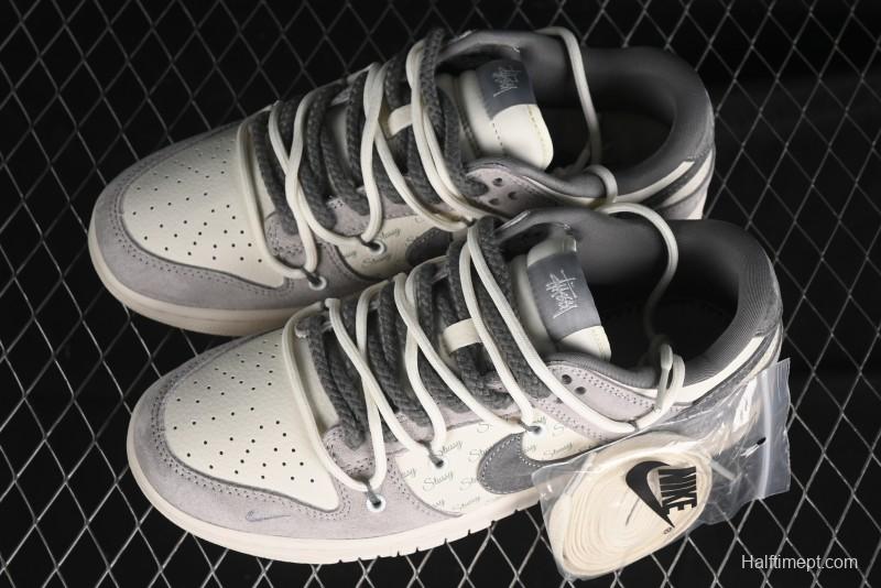 Nike SB Dunk Low Stussy Collaboration - Strap Grey Embroidered Swoosh Anniversary Custom Low-Top Casual Skate Shoes - SJ2068-307