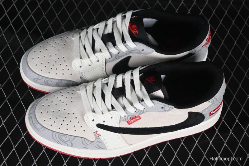 Nike Travis Scott x Fragment Design x Air Jordan 1 Low OG SP AJ1 Supreme Collaboration Lucky Cloud New Year Red Low-Top Casual Sneakers - DM7866-078