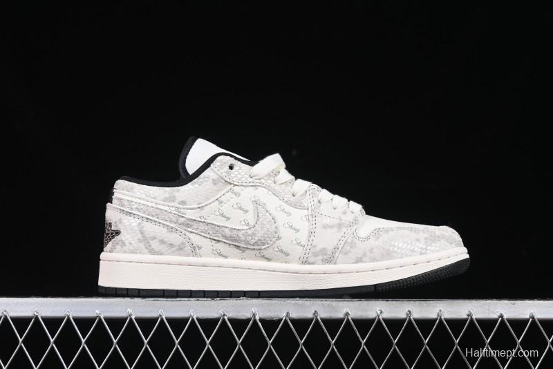 Nike Air Jordan 1 Low Retro Basketball Shoes - Stussy Grey Snake Custom - FC1688-200