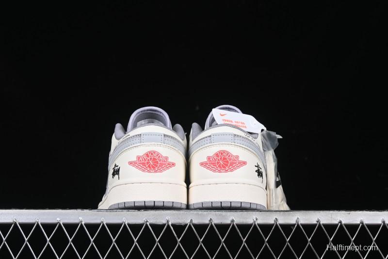Nike Air Jordan 1 Low Stussy Collaboration - Retro Basketball Shoes in Light Grey - SJ9950-044