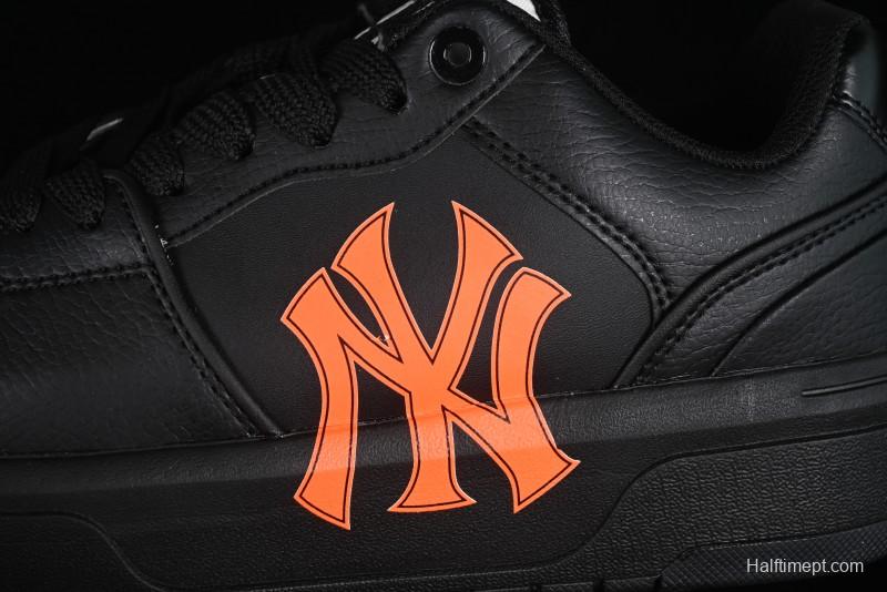 NY Yankees Black Leather Sneakers with Bold Orange Logo