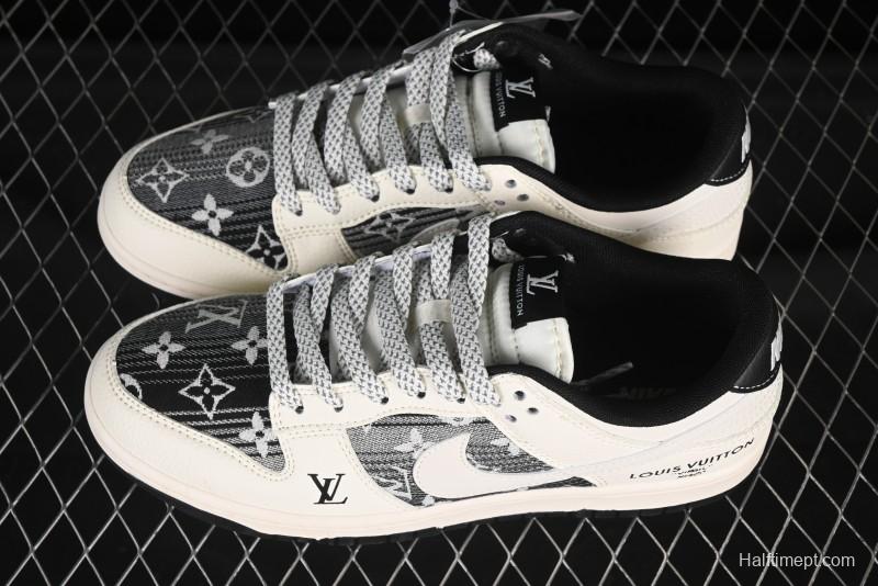 Nike SB Dunk Low LV Collaboration Black White Woven Fabric White Swoosh Anniversary High-End Custom Low-Top Casual Skate Shoes - FC1688-229