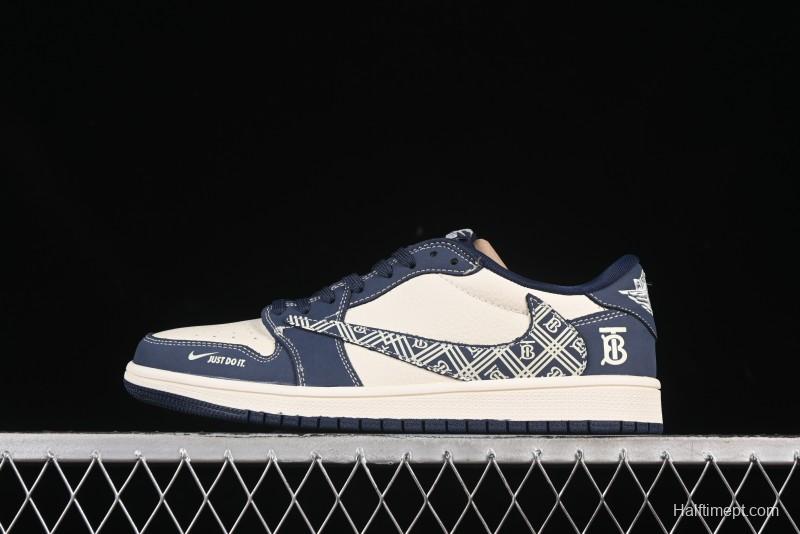 Nike Travis Scott x Fragment Design x Air Jordan 1 Low OG SP AJ1 Burberry Collaboration Dark Blue Swoosh Low-Top Casual Sneakers - LD2025-014