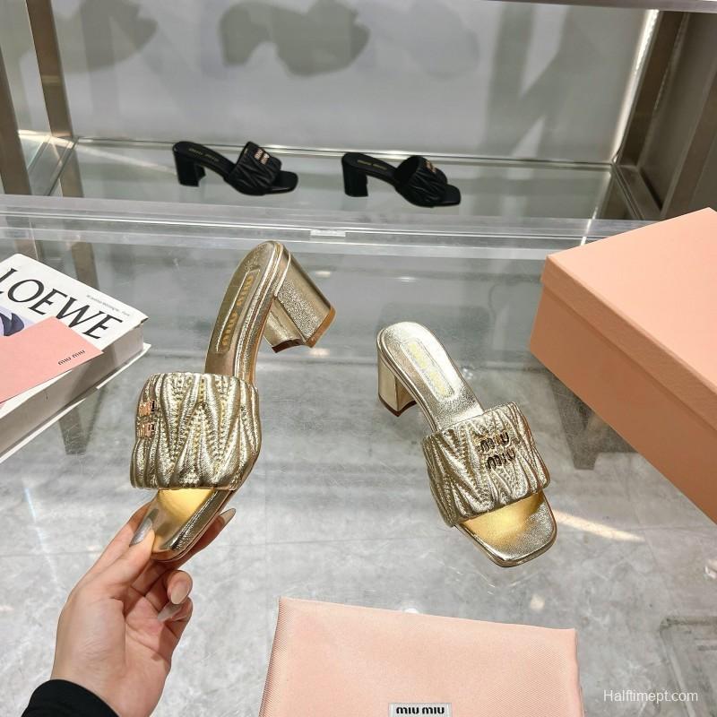 2025 Women Miumiu Gold Leather Sandals