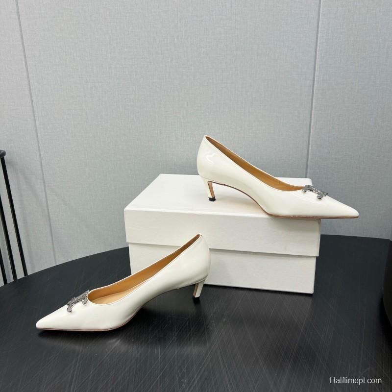 2025 Women Celine White Leather Pointed Toe Kitten Heel KFY00290