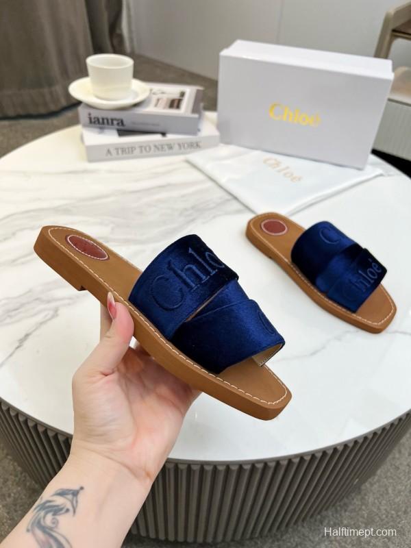 2025 Women Chloe Navy Velvet Slippers LY00200