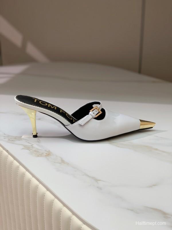 2025 Women TOM FORD White Gold Leather Pointed Toe Mules