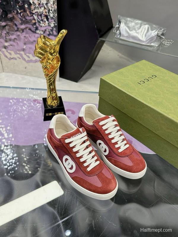 2024 Unisex Gucci Red Burgundy White Leather Suede Sneakers MJ00310