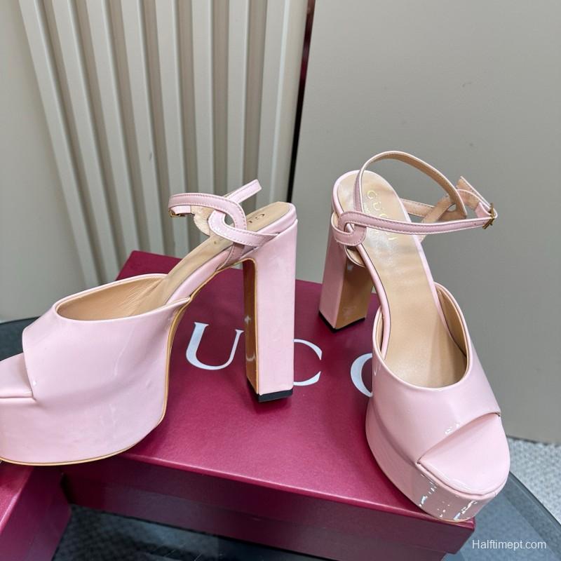 2024 Women Gucci Pink Leather Platform Sandals MJ00340