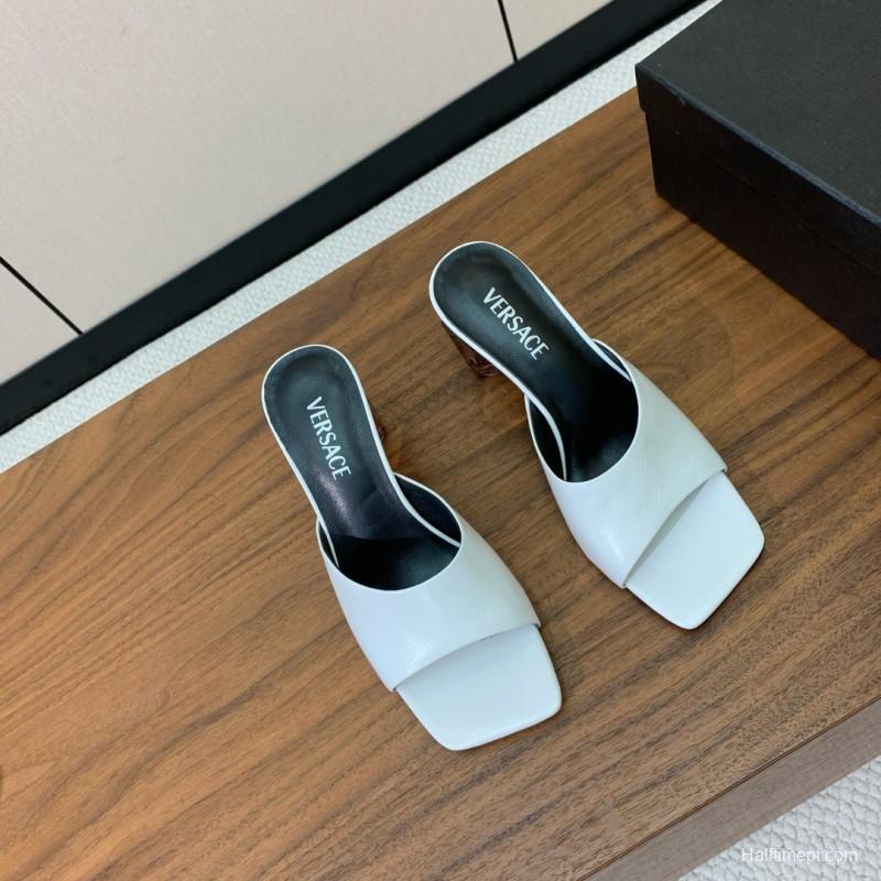 2025 Women VERSACE White Leather Slippers