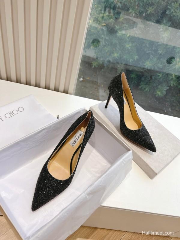 2025 Women Jimmy Choo Black Glitter Leather High Heel Pumps KFY00280