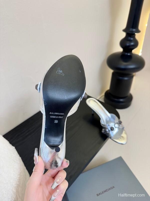 2025 Women Balenciaga Silver Leather High Heel Mules