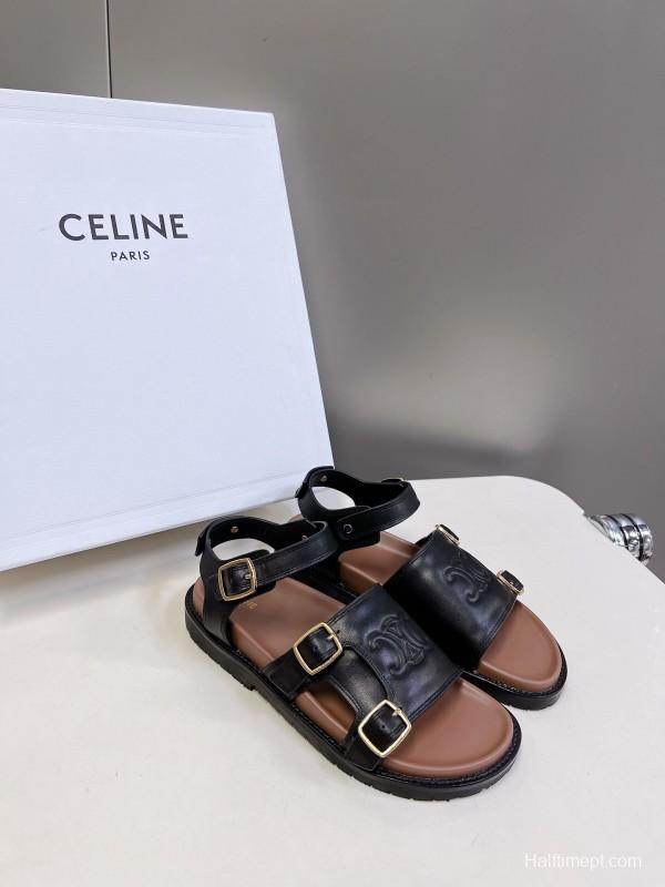 2025 Women Celine Black Leather Sandals Buckle KFY00280