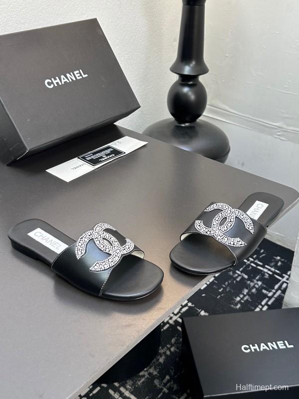 2025 Women Chanel Black Leather Rhinestone Logo Slide Sandals LY00360(F)