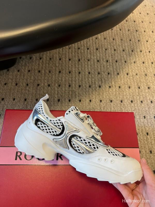 2025 Women Roger Vivier White Black Leather Synthetic Fabric Sneakers KFY00380