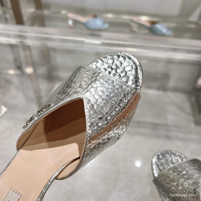 2025 Women Miu Miu Silver Leather Mules