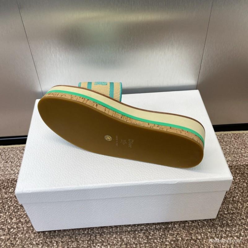 2025 Women Dior Blue Beige Fabric Leather Platform Slide Sandals