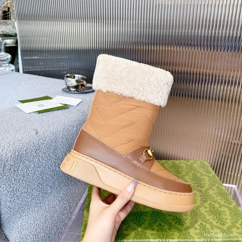 2024 Women Gucci Brown Tan Leather Shearling Lined Snow Boots MJ00420
