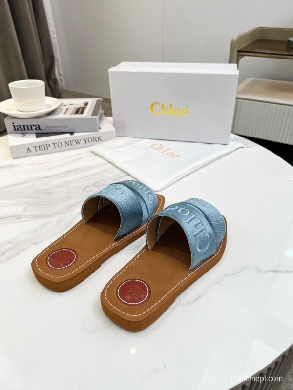 2025 Women Chloé Blue Denim Leather Slippers LY00200
