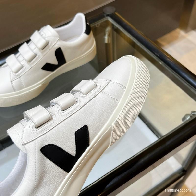2025 Unisex VEJA White Black Leather Canvas Sneakers Velcro MJ00240(W/M)