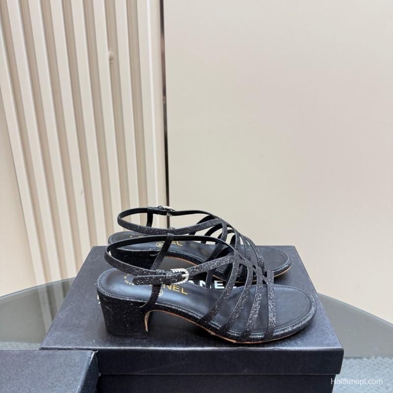 2025 Women Chanel Black Leather Sandals KFY00290