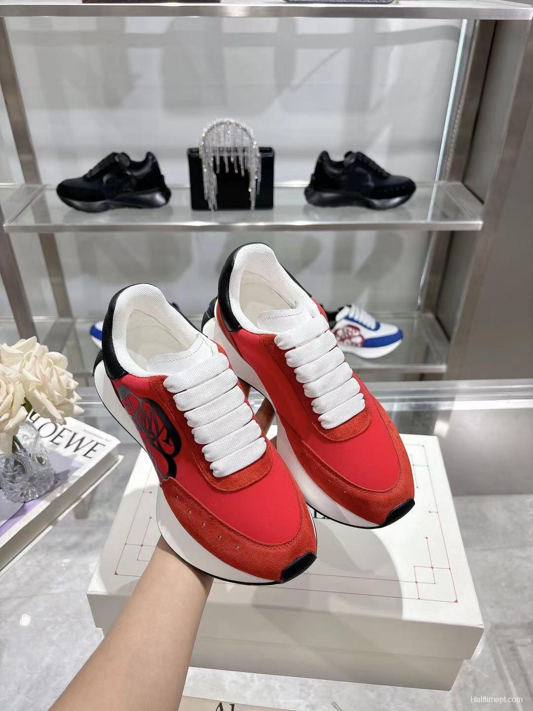 2025 Women Alexander McQueen Red Black Leather Suede Sneakers LY00340