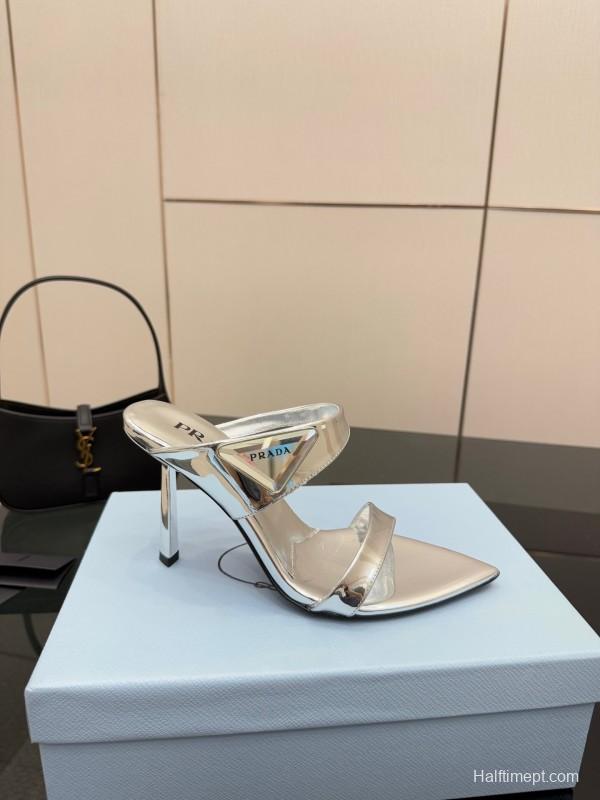 2025 Women Prada Silver Leather Pointed Toe Sandals
