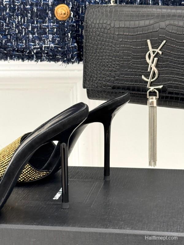 2025 Women Yves Saint Laurent Black Gold Leather High Heel Slip-On LY00300