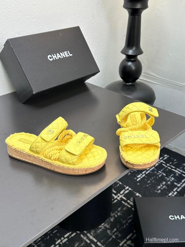 2025 CHANEL Yellow Quilted Fabric Slippers