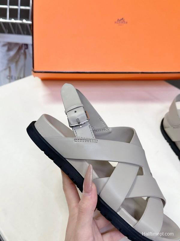 2025 Women Hermès Beige Leather Slippers