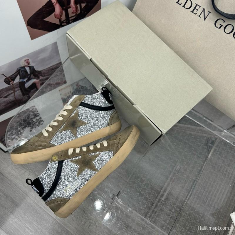 2024 Unisex Golden Goose Deluxe Brand Grey Silver Glitter Suede Leather High-Top Sneakers MJ00300