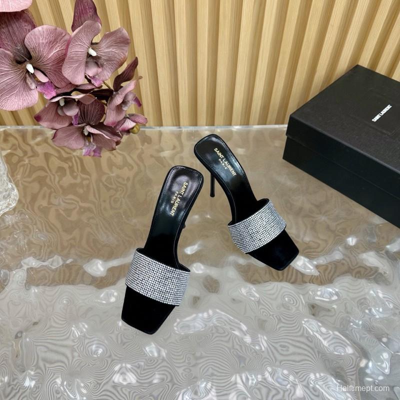 2025 Women Yves Saint Laurent Black Crystal Fabric High Heel Sandals MJ00300