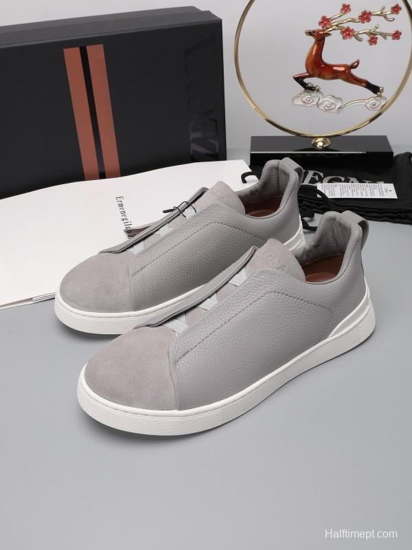 2024 Men Ermenegildo Zegna Light Grey Leather Suede Low Top Sneakers MJ00240