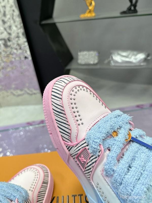 2024 Unisex Louis Vuitton Blue Pink Leather Sneakers