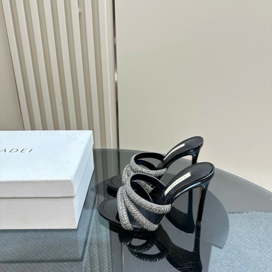 2025 Women Casadei Black Rhinestone Leather High Heels KFY00290
