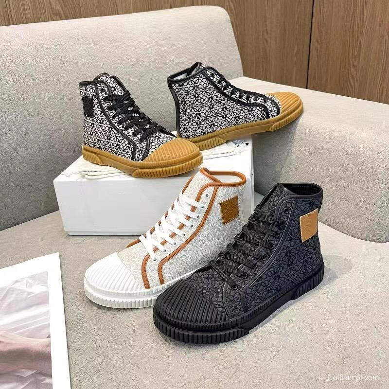 2025 Women Loewe Black Fabric Leather High-Top Sneakers LY00291
