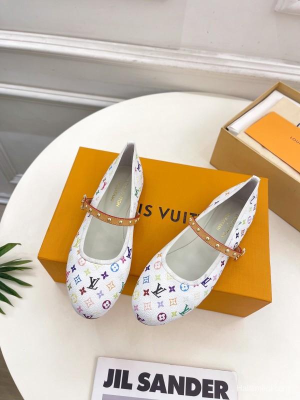 2025 Women Louis Vuitton White Multicolor Leather Ballet Flats KFY00300