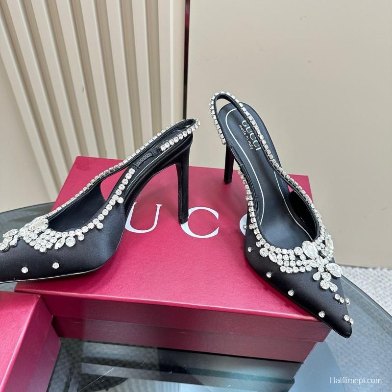2025 Women Gucci Black Satin Slingback Heels Rhinestone MJ00340