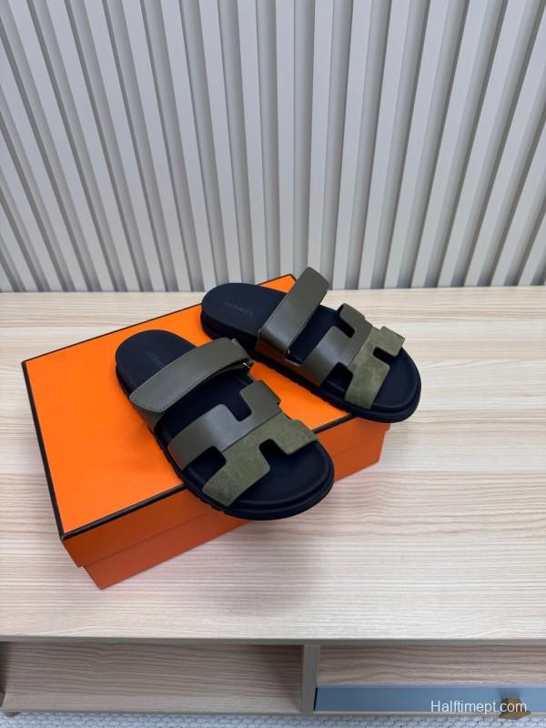 2025 Women Hermès Khaki Black Leather Slippers