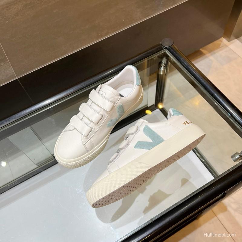 2025 Women VEJA White Blue Leather Canvas Vulcanized Sneakers MJ00240