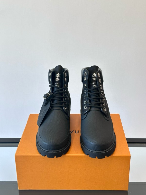 2024 Men Louis Vuitton Black Leather Monogram Work Boots MJ00390