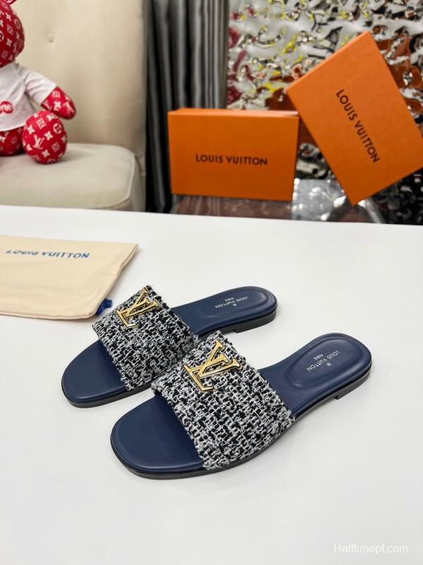 2025 Women Louis Vuitton Navy Tweed Leather Slippers LY00210